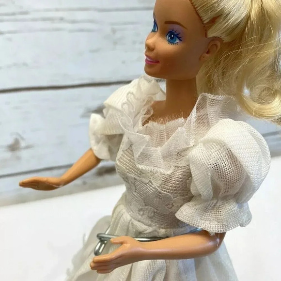 MATTEL BARBIE Doll Blond Hair Blue Eyes White Dress 12" Tall Used - Picture 8 of 11